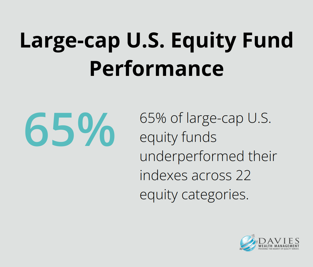 Pie chart showing 65% of large-cap U.S. equity funds underperformed their indexes - Wealth accumulation