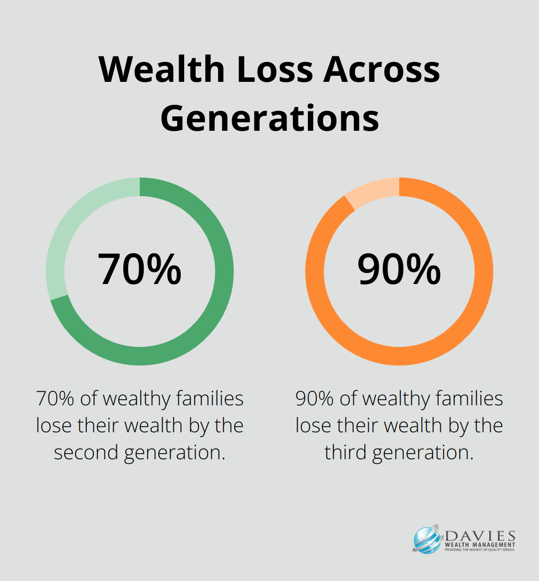 Chart illustrating the percentage of wealthy families losing their wealth by the second and third generations