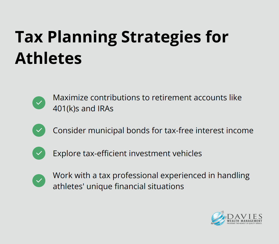 Checkmark list of tax planning strategies for athletes including maximizing retirement contributions, considering municipal bonds, exploring tax-efficient vehicles, and working with tax professionals - Athlete investment