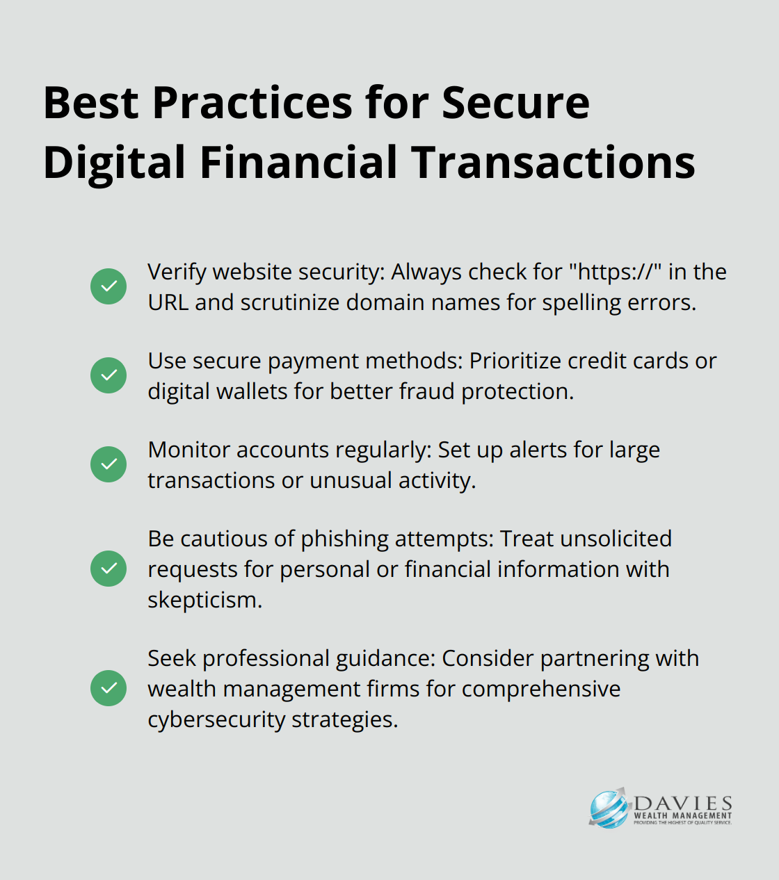 Checkmark list chart showing five best practices for secure digital financial transactions: verify website security, use secure payment methods, monitor accounts regularly, be cautious of phishing attempts, and seek professional guidance - Cybersecurity wealth