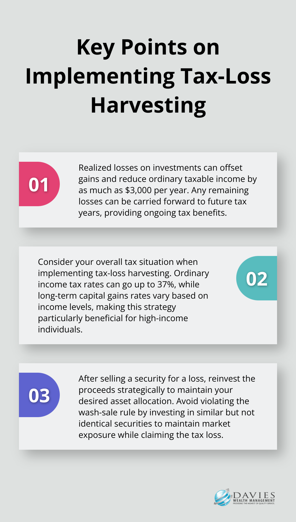 Ordered list chart showing three key points about implementing tax-loss harvesting, including offsetting gains, tax rate considerations, and strategic reinvestment. - Tax-loss harvesting Stuart Florida