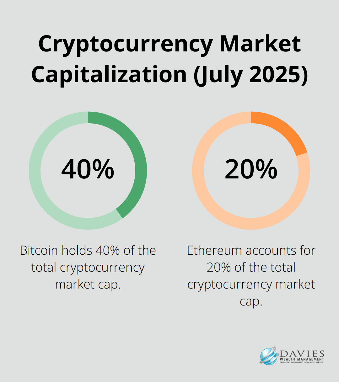 Pie chart showing Bitcoin at 40% and Ethereum at 20% of total cryptocurrency market capitalization - cryptocurrency retirement account