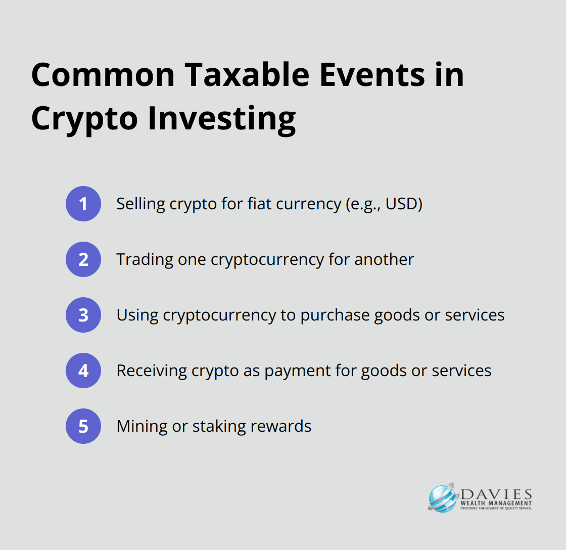 List of five common taxable events in cryptocurrency investing: selling crypto for fiat, trading cryptocurrencies, using crypto for purchases, receiving crypto as payment, and mining or staking rewards. - tax efficient crypto investing