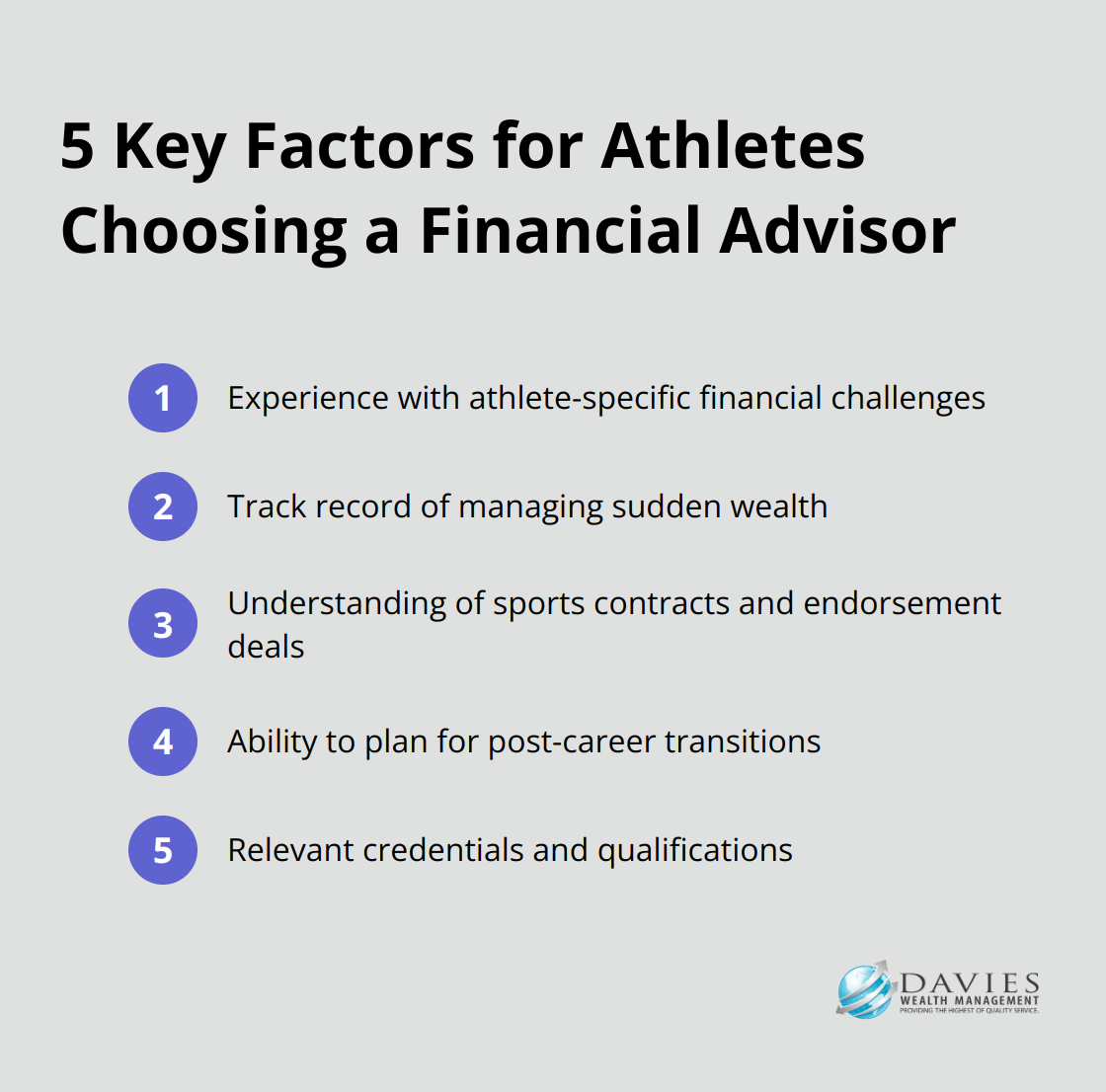 Ordered list chart showing 5 key factors athletes should consider when selecting a financial advisor - Athlete financial advisor Stuart Florida