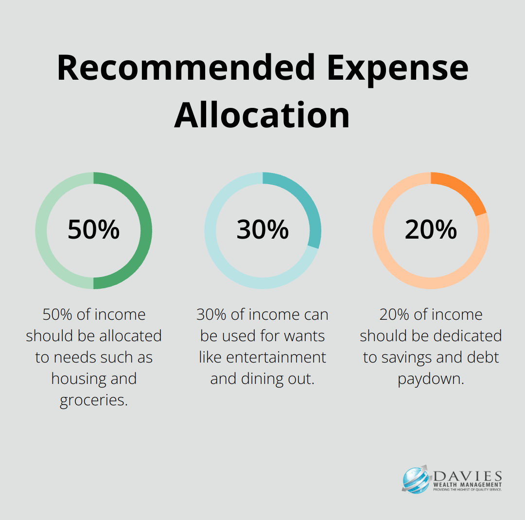 Pie chart showing recommended allocation of expenses: 50% for needs, 30% for wants, and 20% for savings - finance savings plan