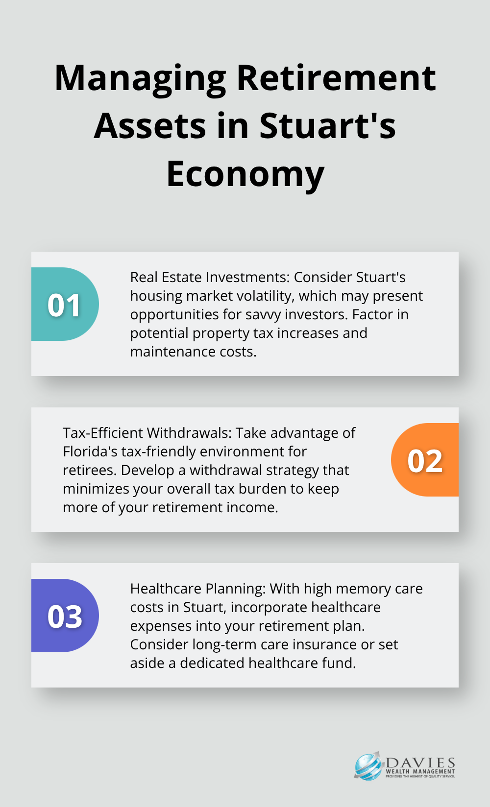 Chart listing three strategies for managing retirement assets in Stuart, Florida: Real Estate Investments, Tax-Efficient Withdrawals, and Healthcare Planning - Retirement income planning Stuart Florida