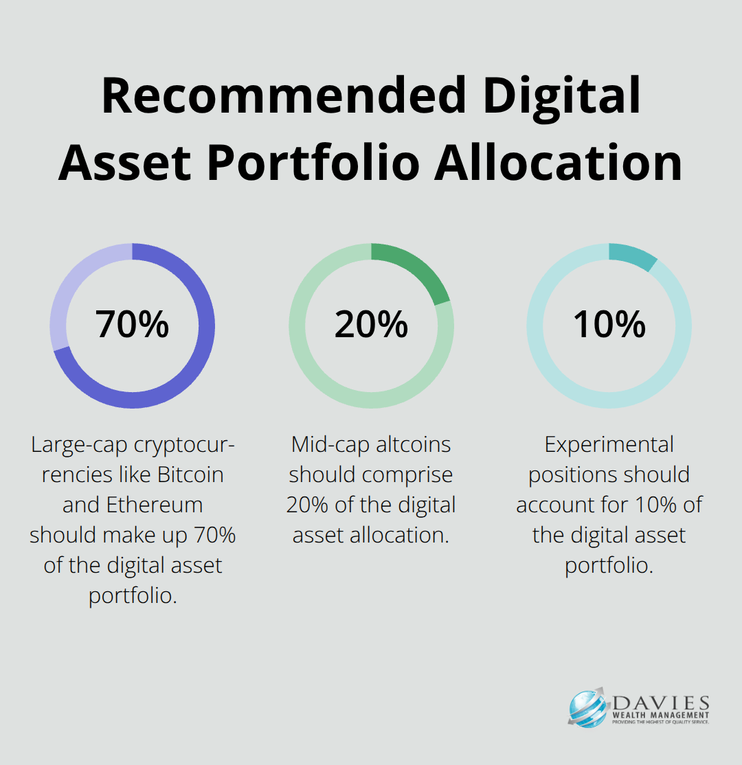 Percentage chart showing recommended allocation for digital asset portfolios: 70% large-cap cryptocurrencies, 20% mid-cap altcoins, 10% experimental positions - digital assets definition