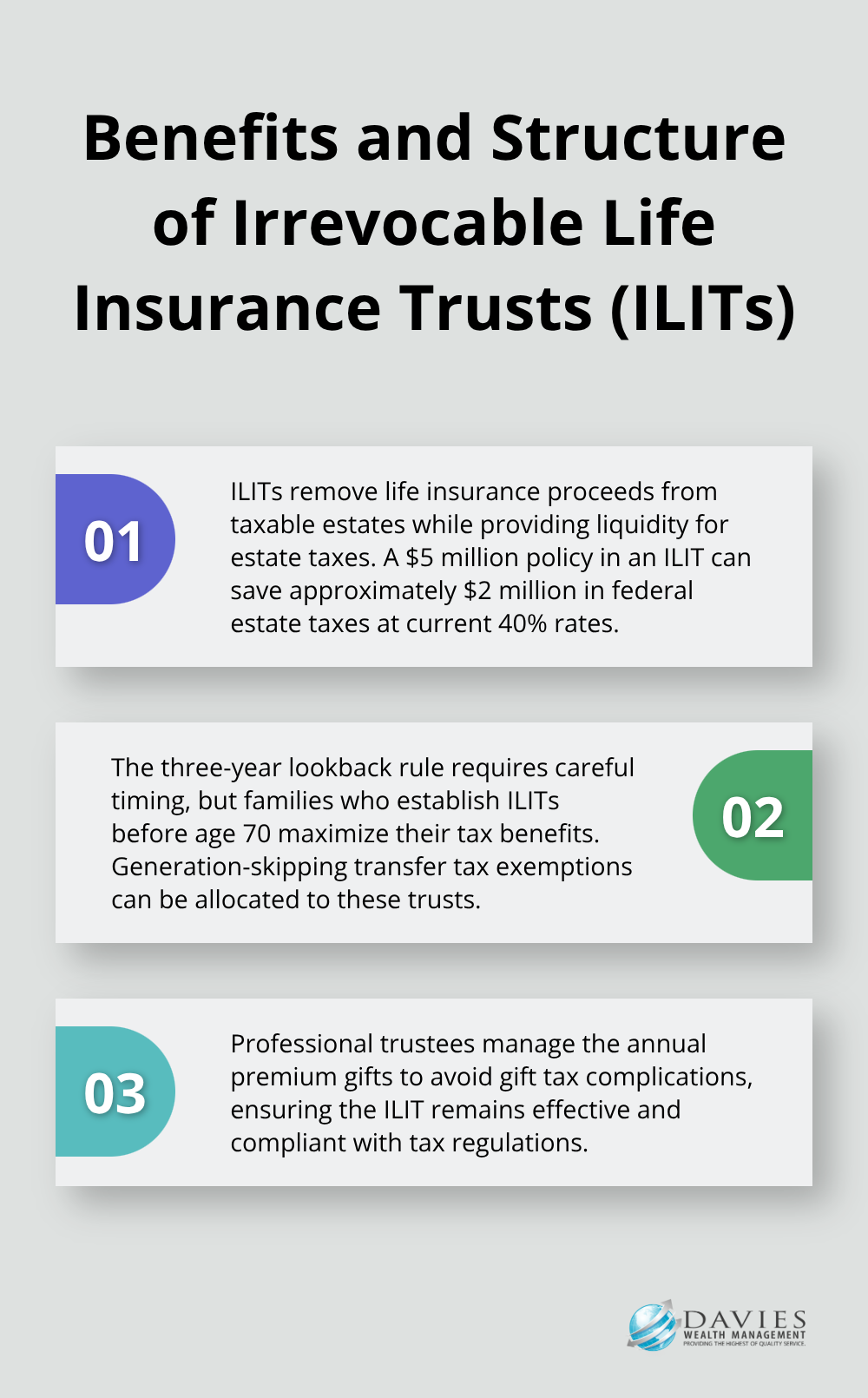 Ordered list chart showing three key points about Irrevocable Life Insurance Trusts (ILITs) for Stuart families