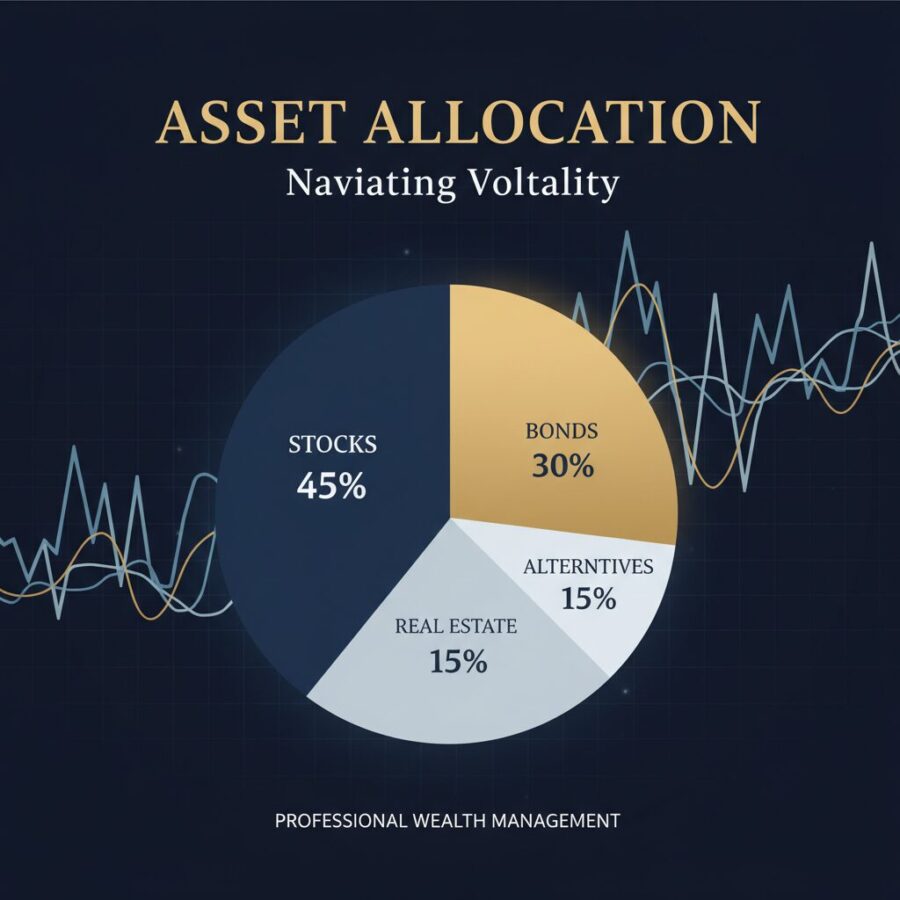 Asset allocation pie chart showing diversified portfolio strategy for navigating market volatility