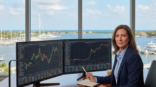 Wealth management in volatile markets - advisor reviewing portfolio during oil price volatility