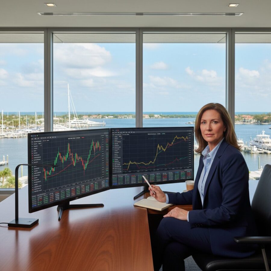 Wealth management in volatile markets - advisor reviewing portfolio during oil price volatility