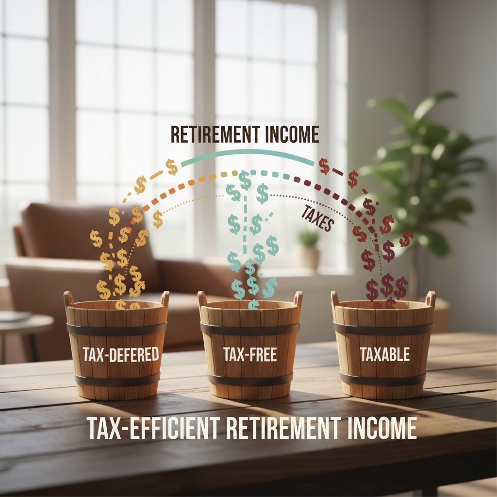 a clear infographic-style illustration showing three labeled buckets (tax-deferred, tax-free, taxable) with dollar signs flowing out in different colors to represent different tax treatments — tax-efficient retirement income