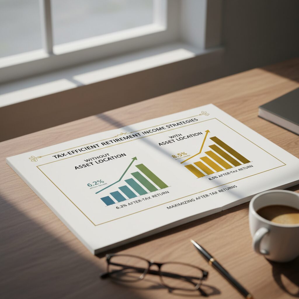 a split-screen comparison graphic showing two portfolios side by side — one labeled 'without asset location' and one labeled 'with asset location' — with the optimized version showing higher after-tax returns — tax-efficient retirement income