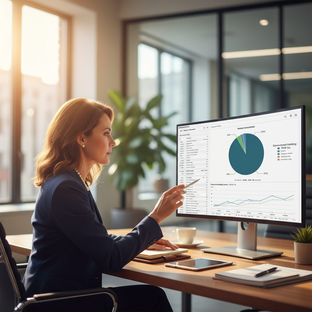 a corporate executive at a modern office desk reviewing stock portfolio allocation charts on a large monitor showing a pie chart with one dominant stock holding — concentrated stock positions