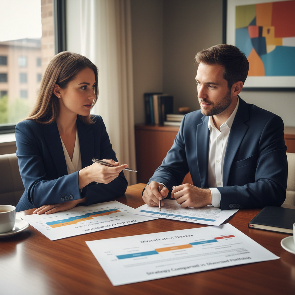 a financial advisor and executive sitting at a conference table with printed charts showing a diversification timeline and strategy comparison documents — concentrated stock positions