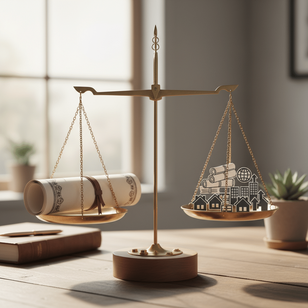 a balanced scale illustration with a single large stock certificate on one side and a diversified collection of small asset icons including bonds real estate and global equities on the other side — concentrated stock positions
