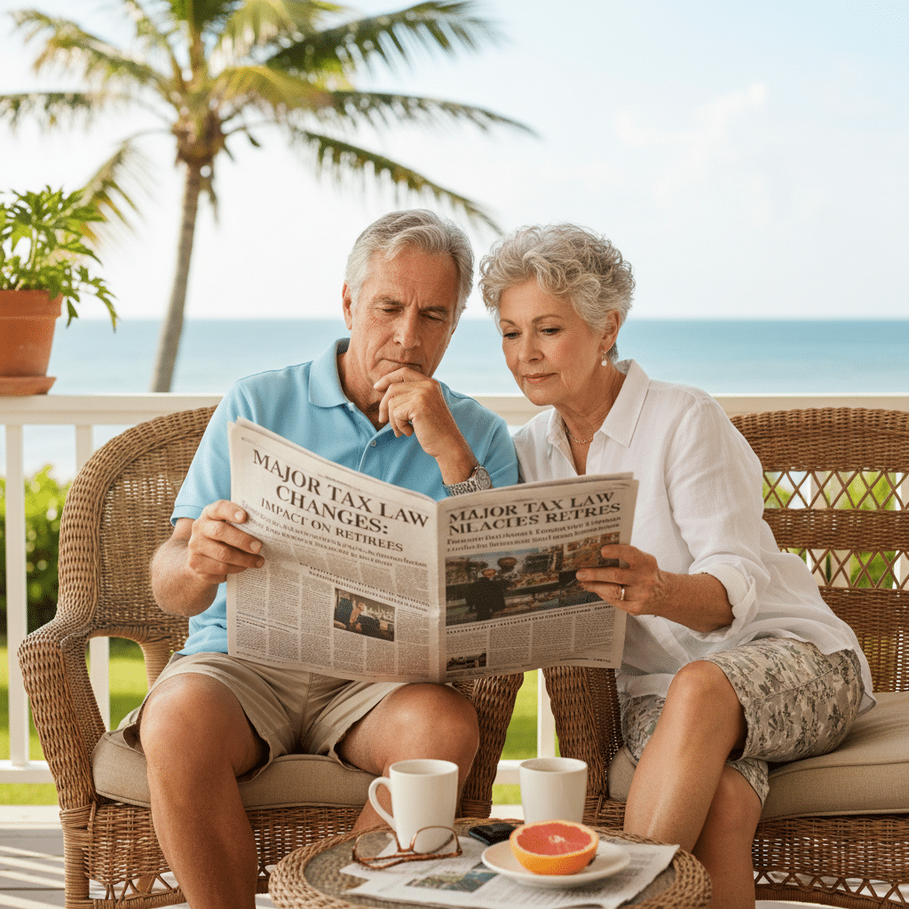a retired couple on a sunny Florida porch reading a newspaper with tax legislation headlines visible — tax changes retirees