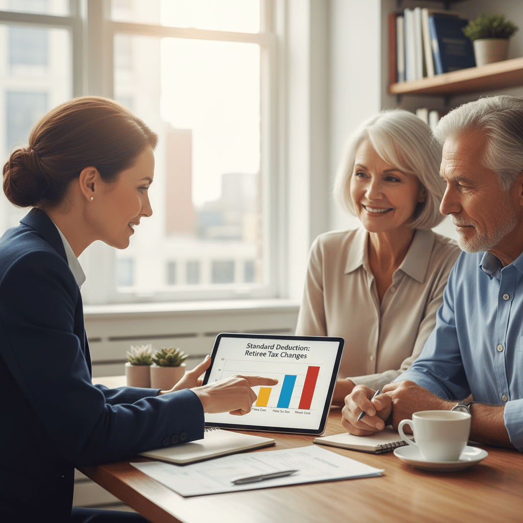 a financial advisor pointing at a chart comparing standard deduction amounts on a tablet screen during a client meeting — tax changes retirees