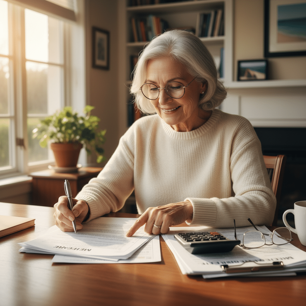 a Treasure Coast retiree reviewing Medicare paperwork at a desk with a calculator and reading glasses nearby — tax changes retirees