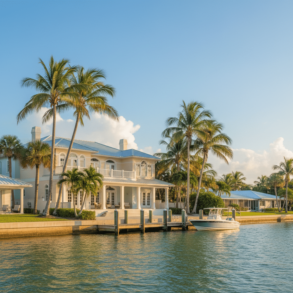 a sunny waterfront home in Stuart Florida with palm trees and a dock representing the lifestyle and property tax benefits of retiring in the Treasure Coast area — florida retirement tax planning