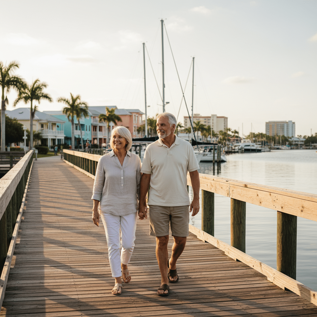 a retired couple walking along the waterfront in downtown Stuart Florida with boats and the St Lucie River in the background enjoying their tax-efficient retirement — florida retirement tax planning