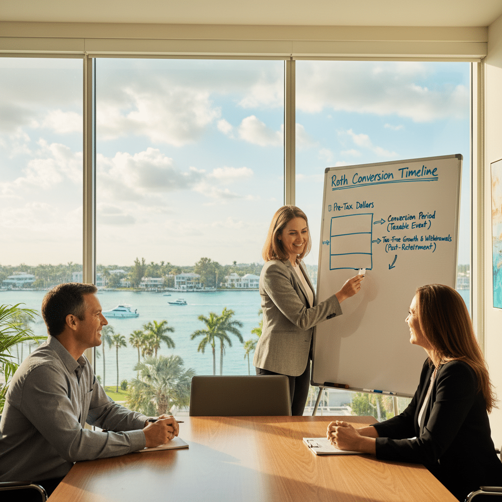 a financial advisor explaining a Roth conversion timeline chart on a whiteboard to a couple in a modern office overlooking the Treasure Coast waterway — roth conversions