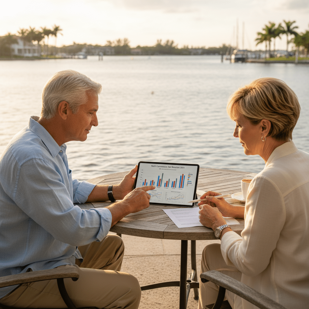 a Treasure Coast couple in their early sixties sitting at an outdoor patio table reviewing a tablet showing tax bracket charts with the St Lucie River in the background — roth conversions