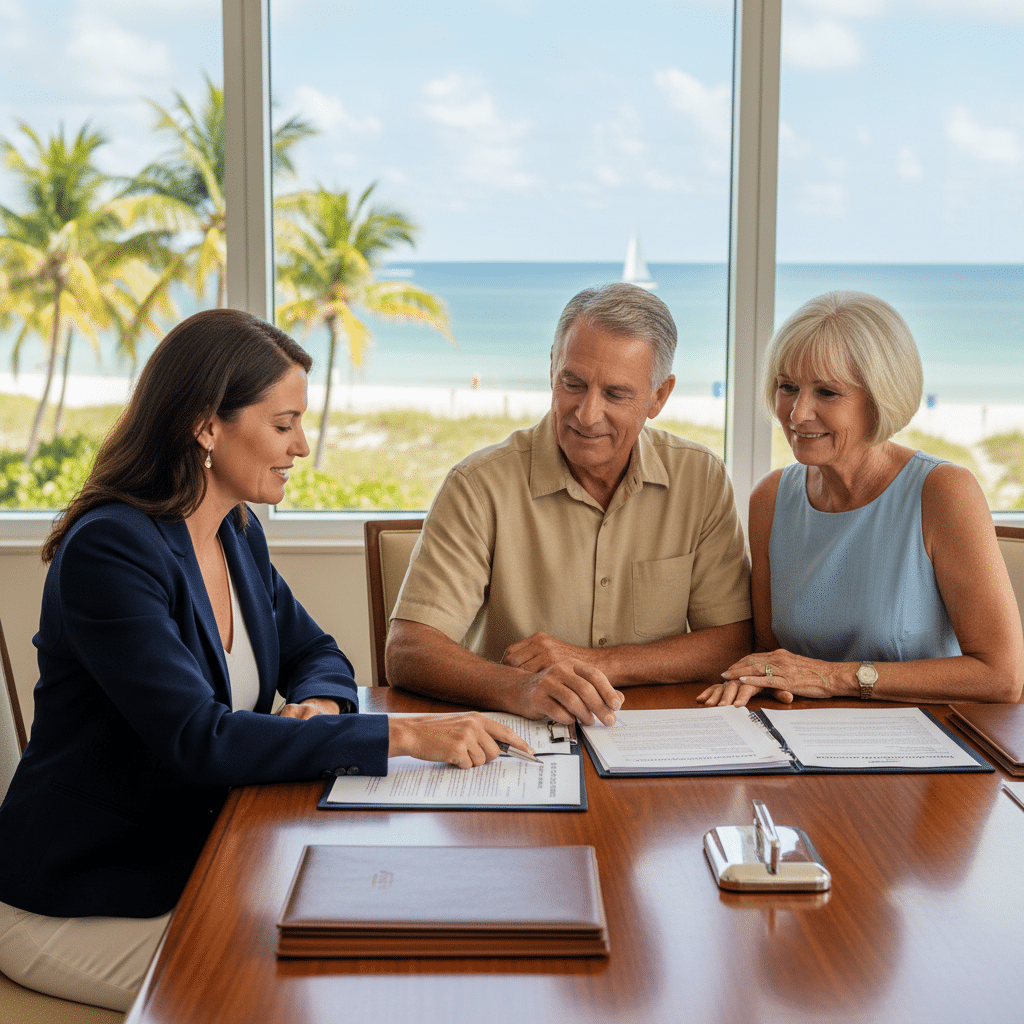 a professional financial advisor and a Martin County couple reviewing charitable giving documents at a polished conference table with a coastal Florida view through the window — charitable giving tax planning