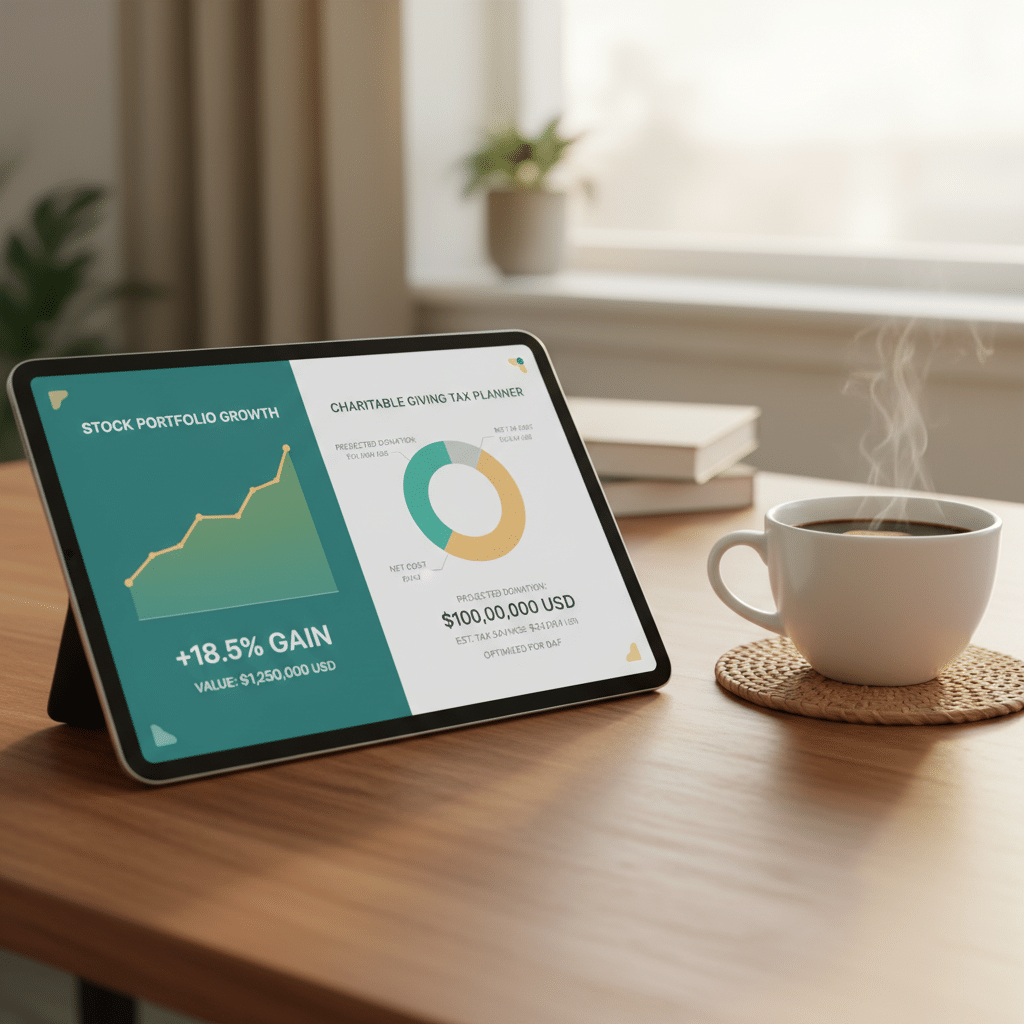 a close-up of a financial dashboard on a tablet screen showing stock portfolio gains and charitable donation calculations with a cup of coffee nearby — charitable giving tax planning