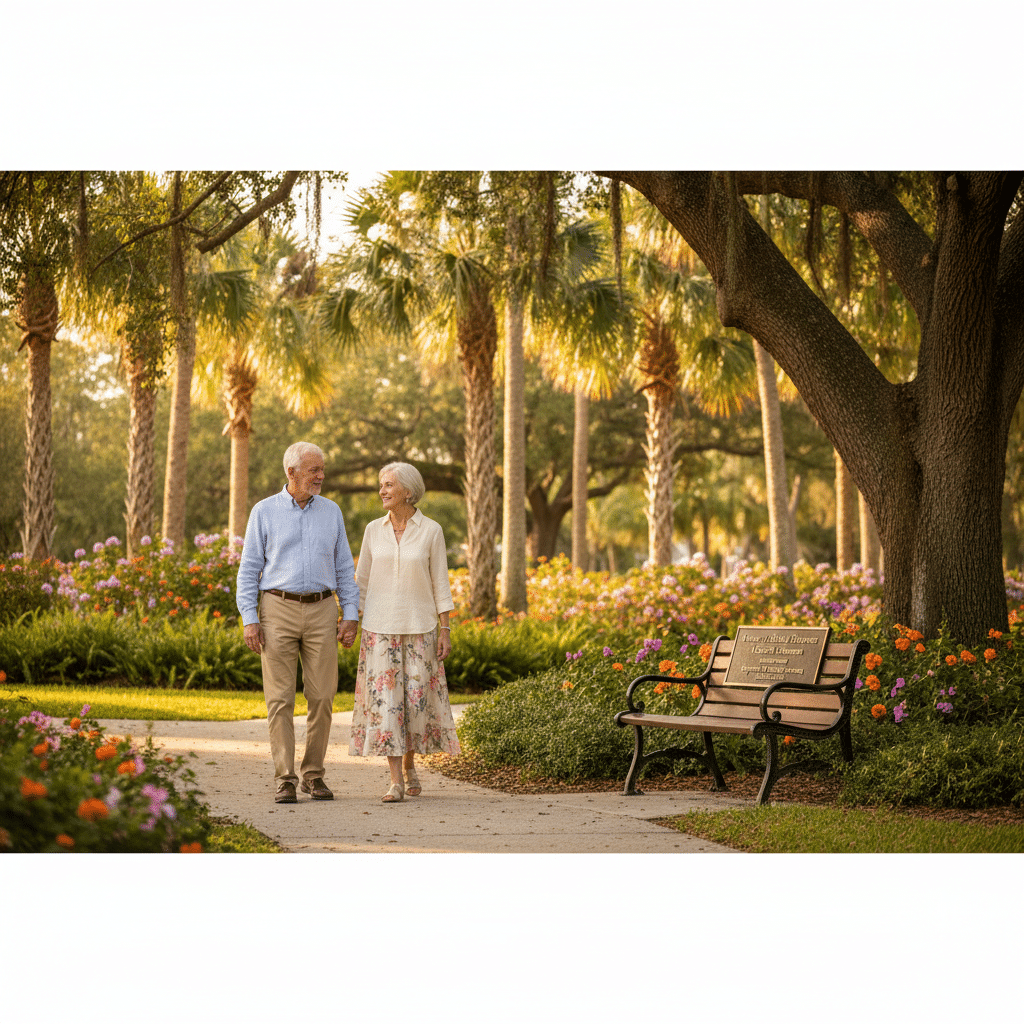 an older couple walking through a lush Martin County park with a plaque on a bench suggesting a charitable donation in their name — charitable giving tax planning