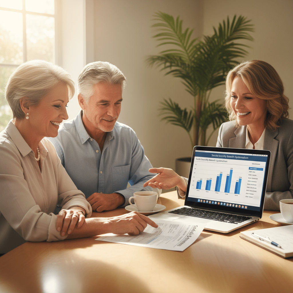 a Florida couple in their early sixties sitting with a financial advisor reviewing Social Security statements and a laptop showing benefit projections — social security optimization