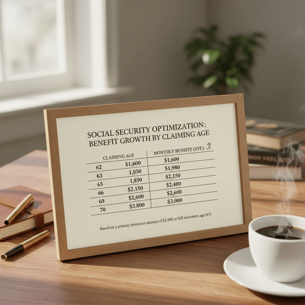 a detailed comparison chart showing Social Security benefit amounts at different claiming ages from 62 to 70 with dollar amounts increasing at each year — social security optimization