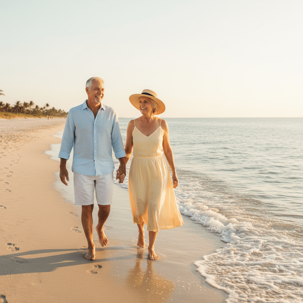 a senior couple walking together on a sunny Florida beach with the ocean in the background symbolizing a secure retirement — social security optimization