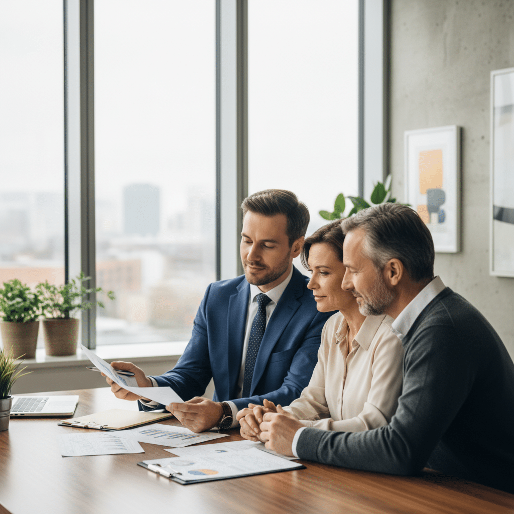 a professional advisor sitting across a desk from a couple explaining documents with a calm and transparent demeanor in a modern office — fiduciary advisor