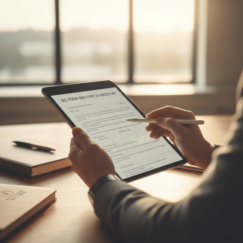 a close-up of a professional reviewing SEC Form ADV documents on a tablet screen in a well-lit office environment — fiduciary advisor