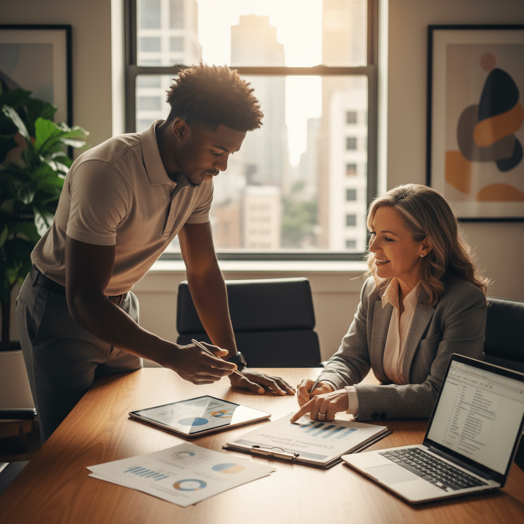 a young professional athlete reviewing a financial plan with an advisor in a modern conference room setting — fiduciary advisor
