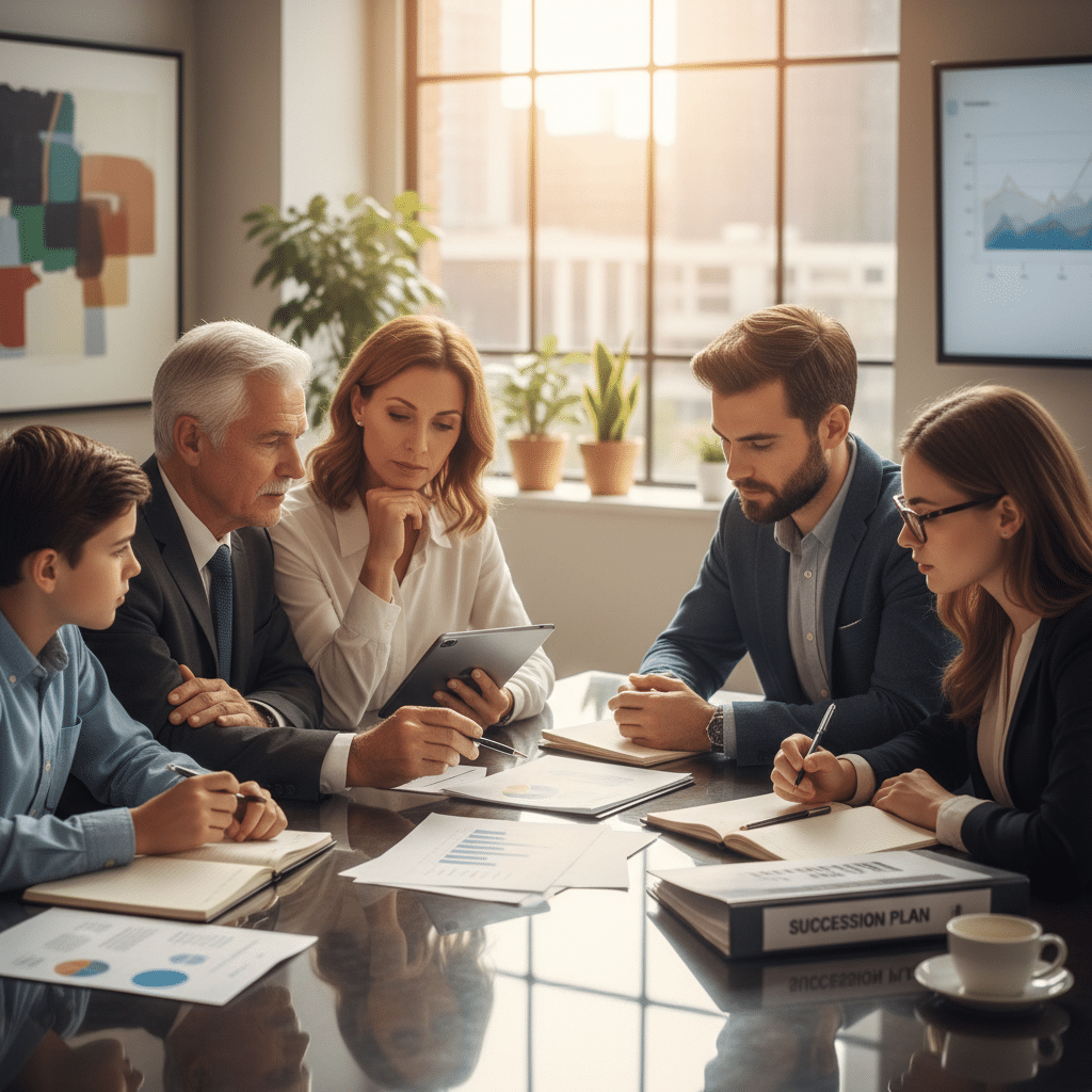 a multi-generational family gathered around a conference table in a modern office reviewing business documents together — business succession planning