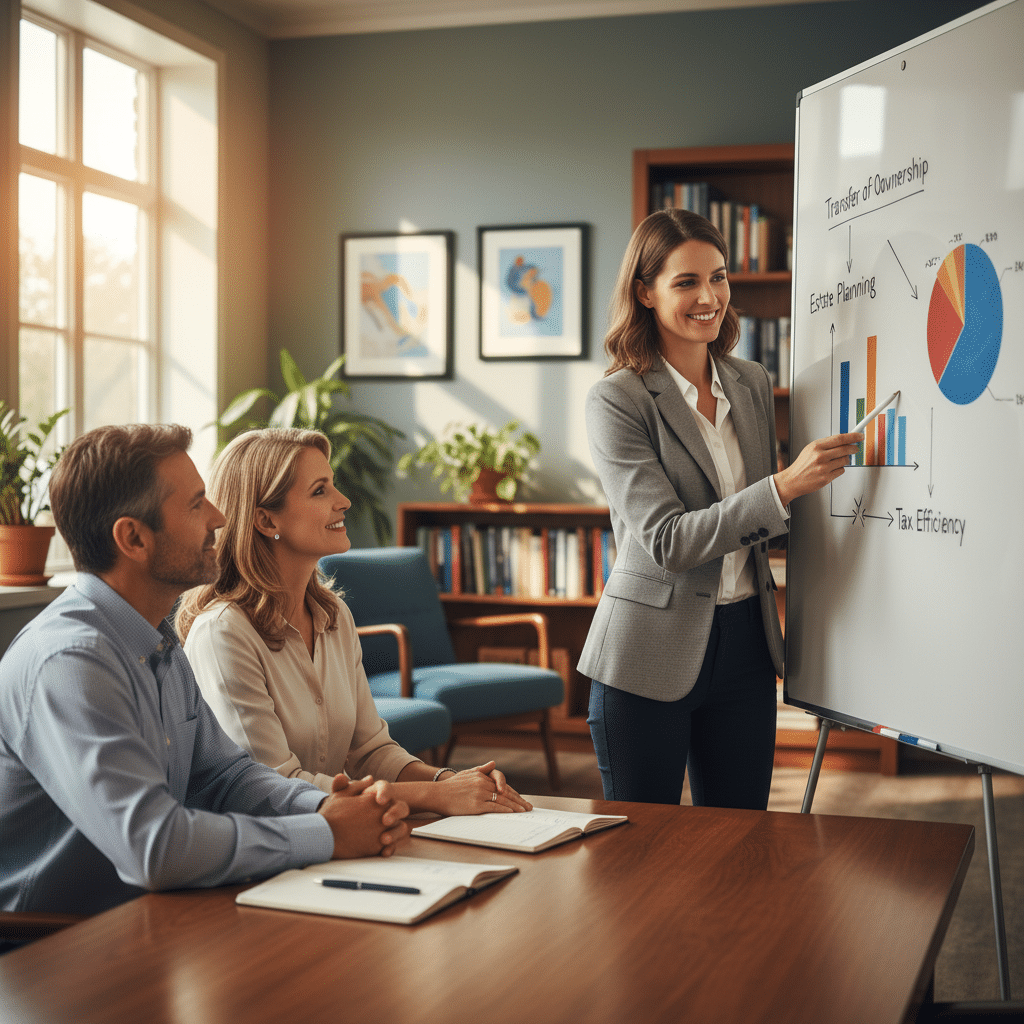 a financial advisor pointing at a chart on a whiteboard while explaining tax strategies to a business owner couple in a bright office — business succession planning
