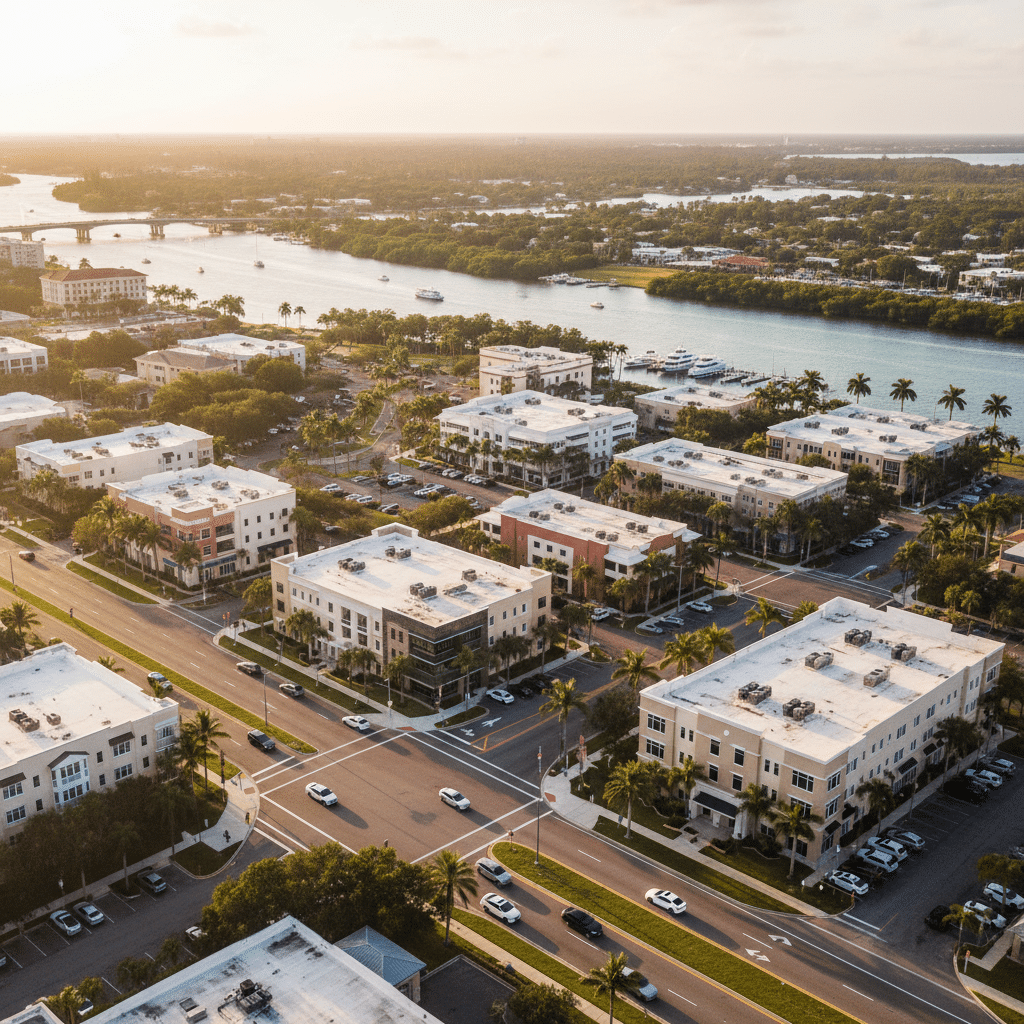 an aerial view of a thriving commercial district in Stuart Florida with the St Lucie River visible in the background representing business prosperity — business succession planning
