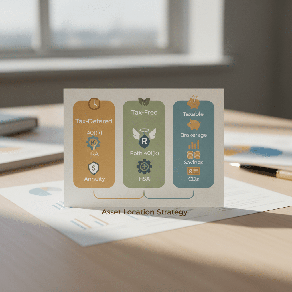 a detailed infographic showing three columns labeled Tax-Deferred and Tax-Free and Taxable with icons representing different investment types sorted into each column — asset location strategies