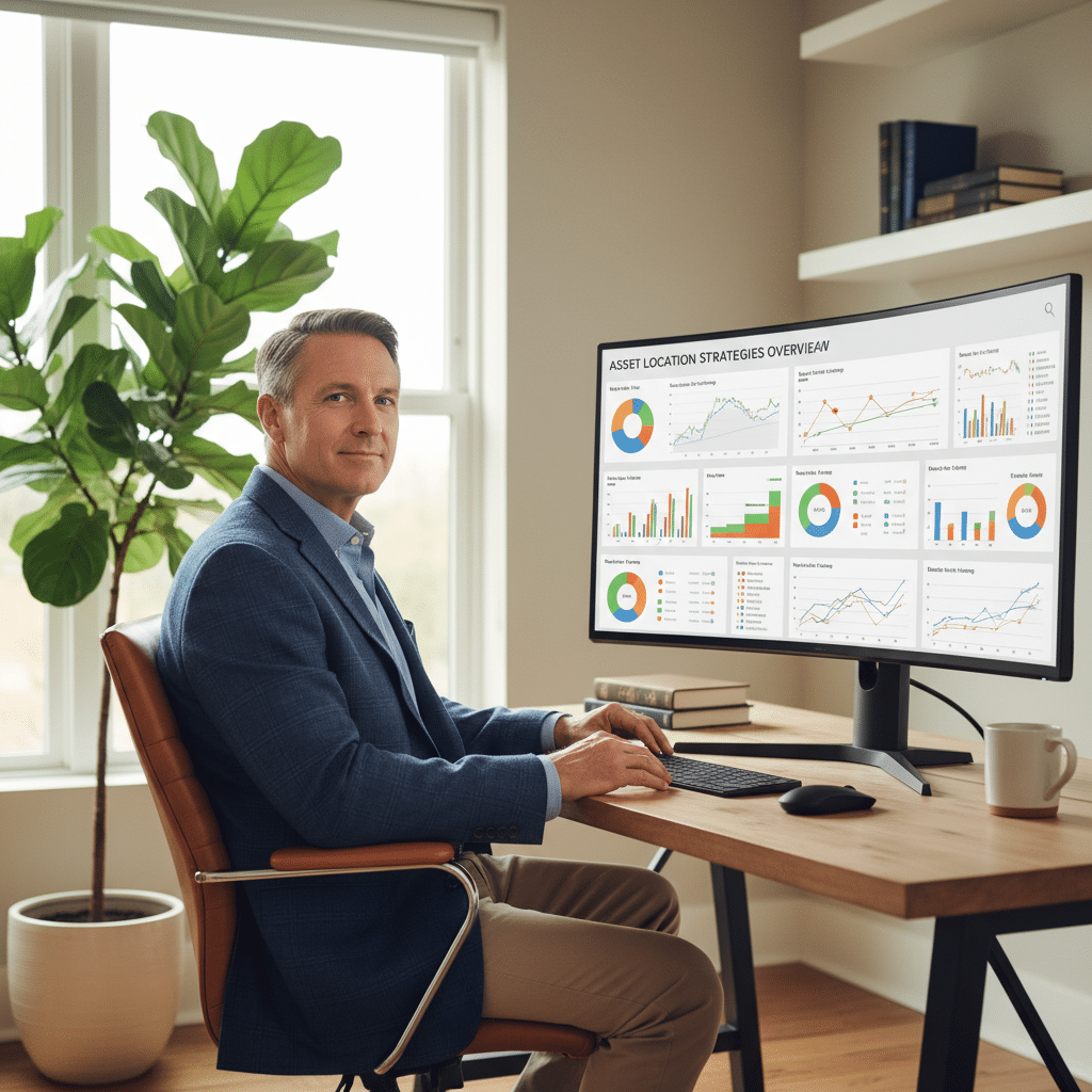 a middle-aged professional reviewing a multi-account portfolio dashboard on a large monitor in a modern home office with financial charts visible on screen — asset location strategies