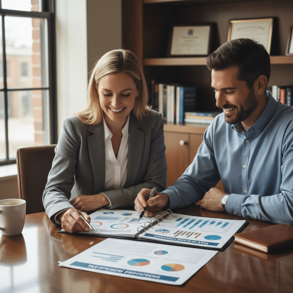 a financial advisor and client sitting at a conference table reviewing a printed multi-page tax-efficient portfolio plan with charts and graphs — asset location strategies