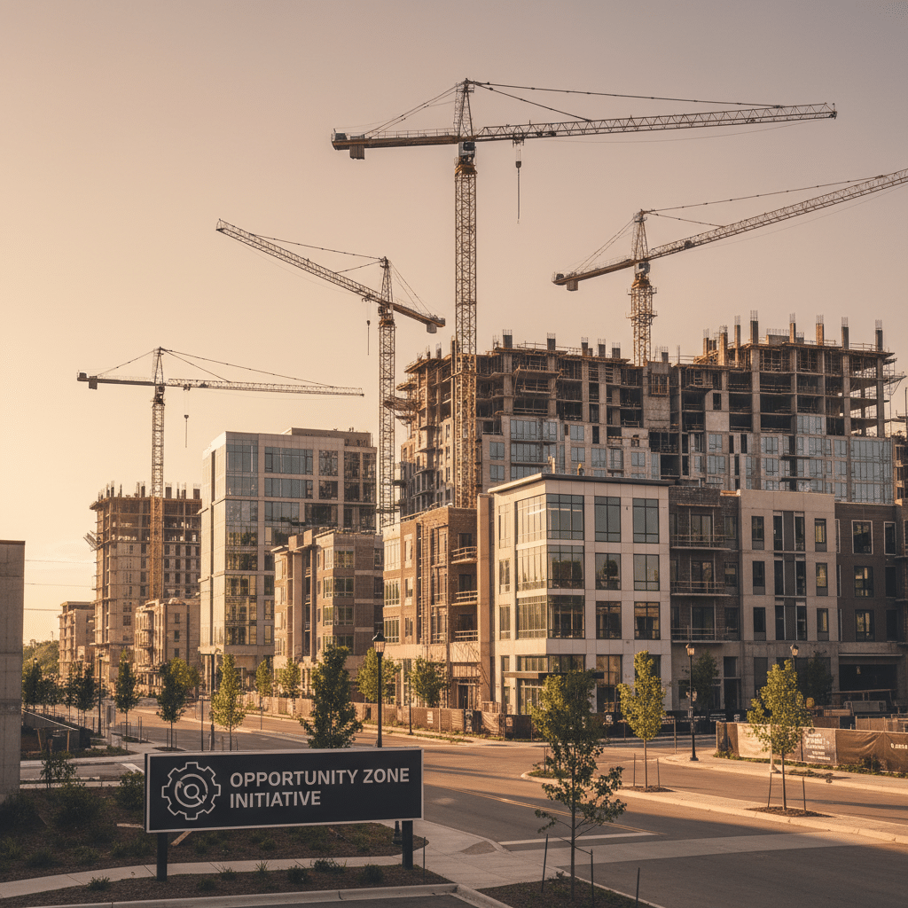 a modern urban development project under construction in a revitalized neighborhood with cranes and new mixed-use buildings — opportunity zone investing