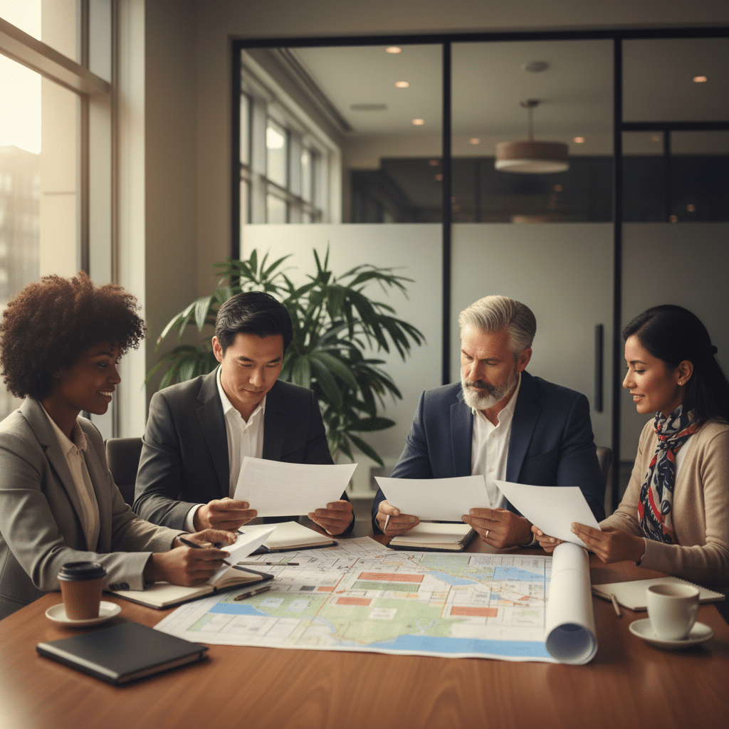 a diverse group of high-net-worth investors reviewing financial documents and opportunity zone maps at a conference table — opportunity zone investing