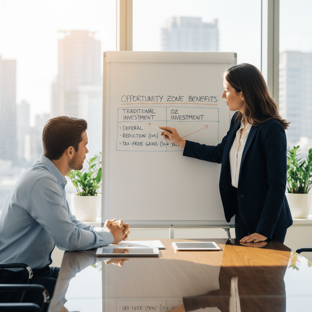 a financial advisor pointing at a comparison chart on a whiteboard while explaining tax strategies to a client — opportunity zone investing