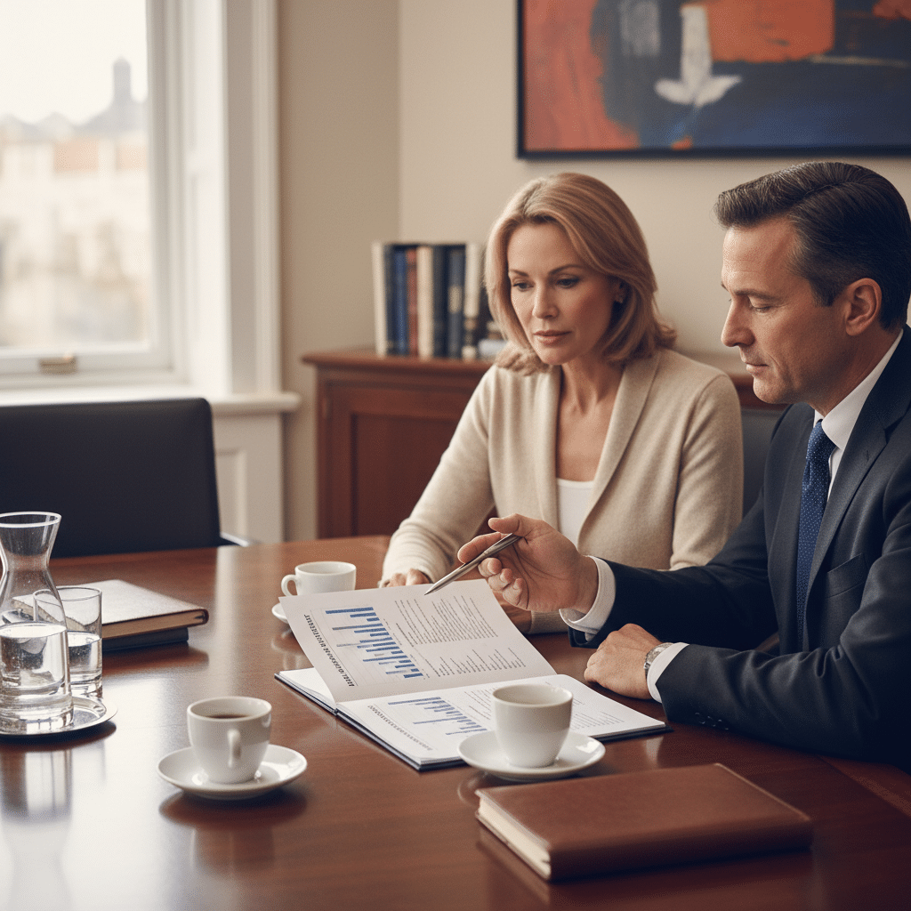 a financial advisor reviewing a multi-page wealth analysis document with a high-net-worth couple at a polished conference table — risk management