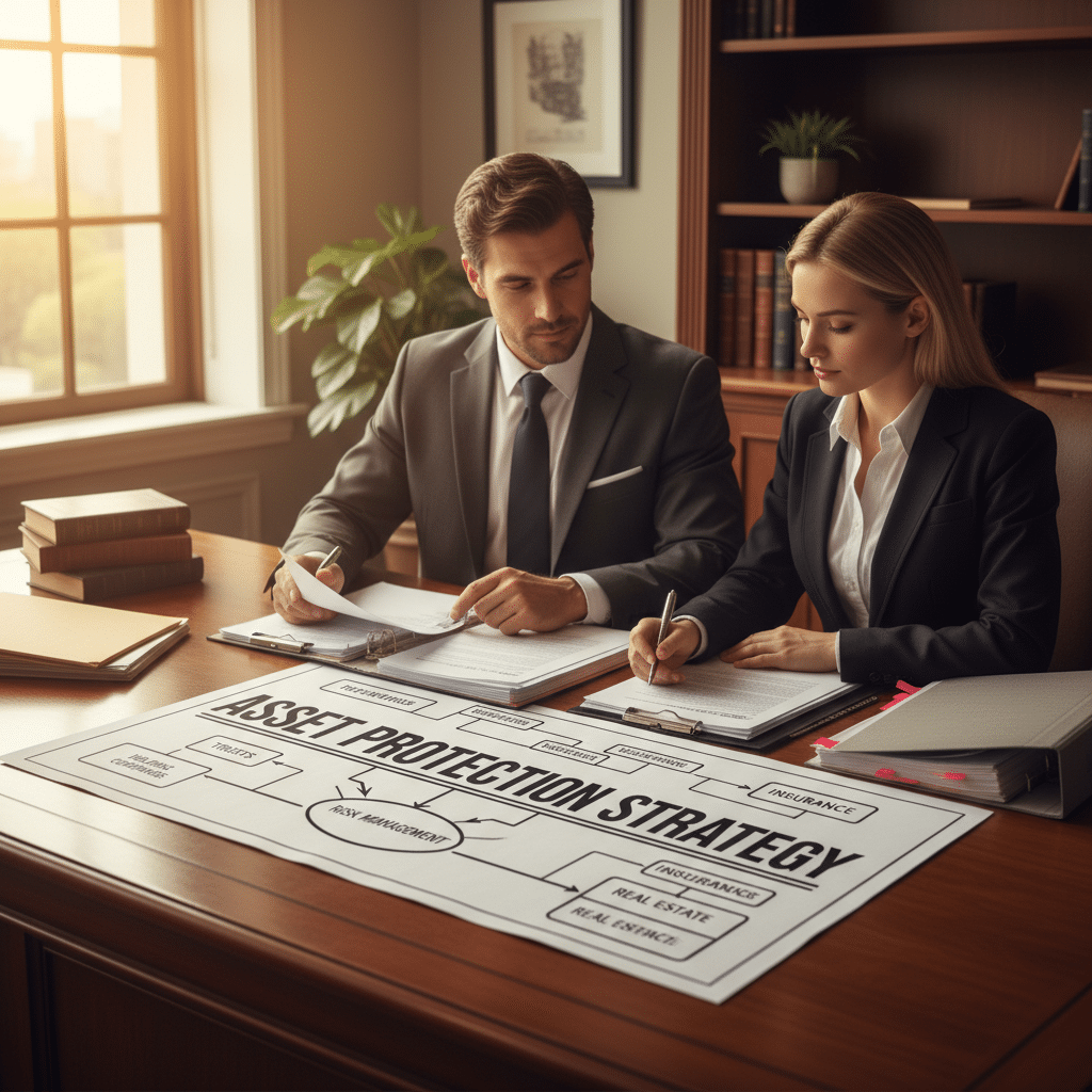 a business owner and attorney reviewing legal documents and an asset protection diagram in a professional office setting — risk management