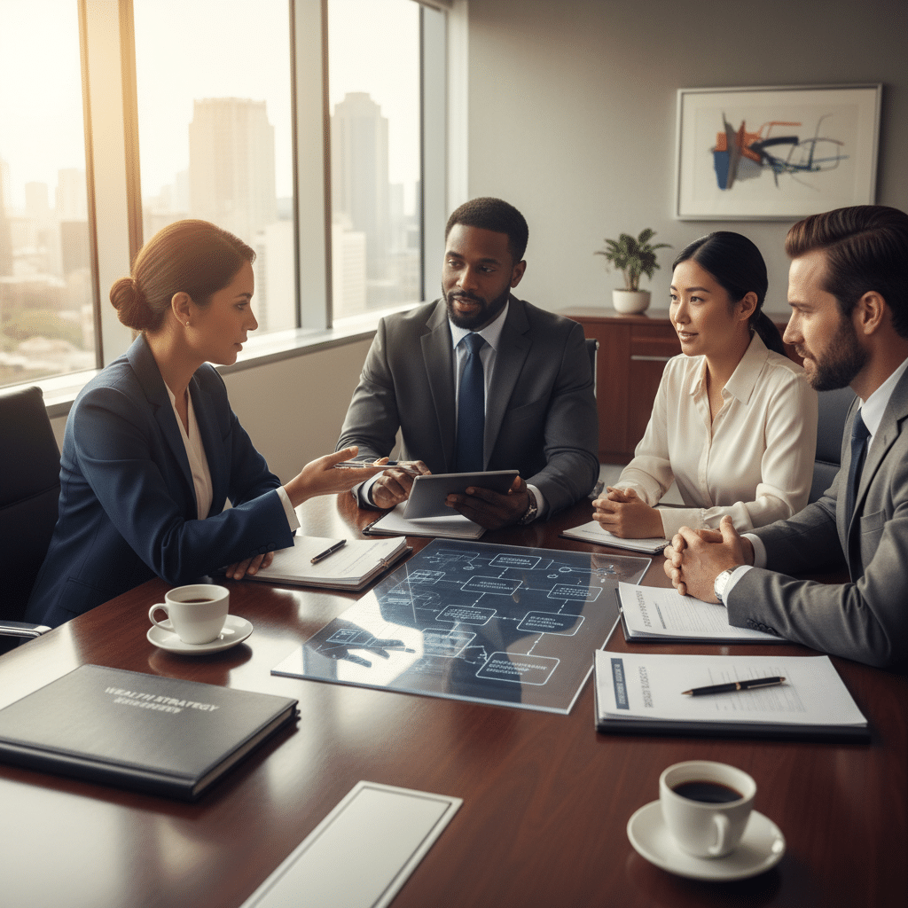 a diverse group of high-net-worth professionals including a physician and business executive discussing wealth strategy around a modern boardroom table — risk management