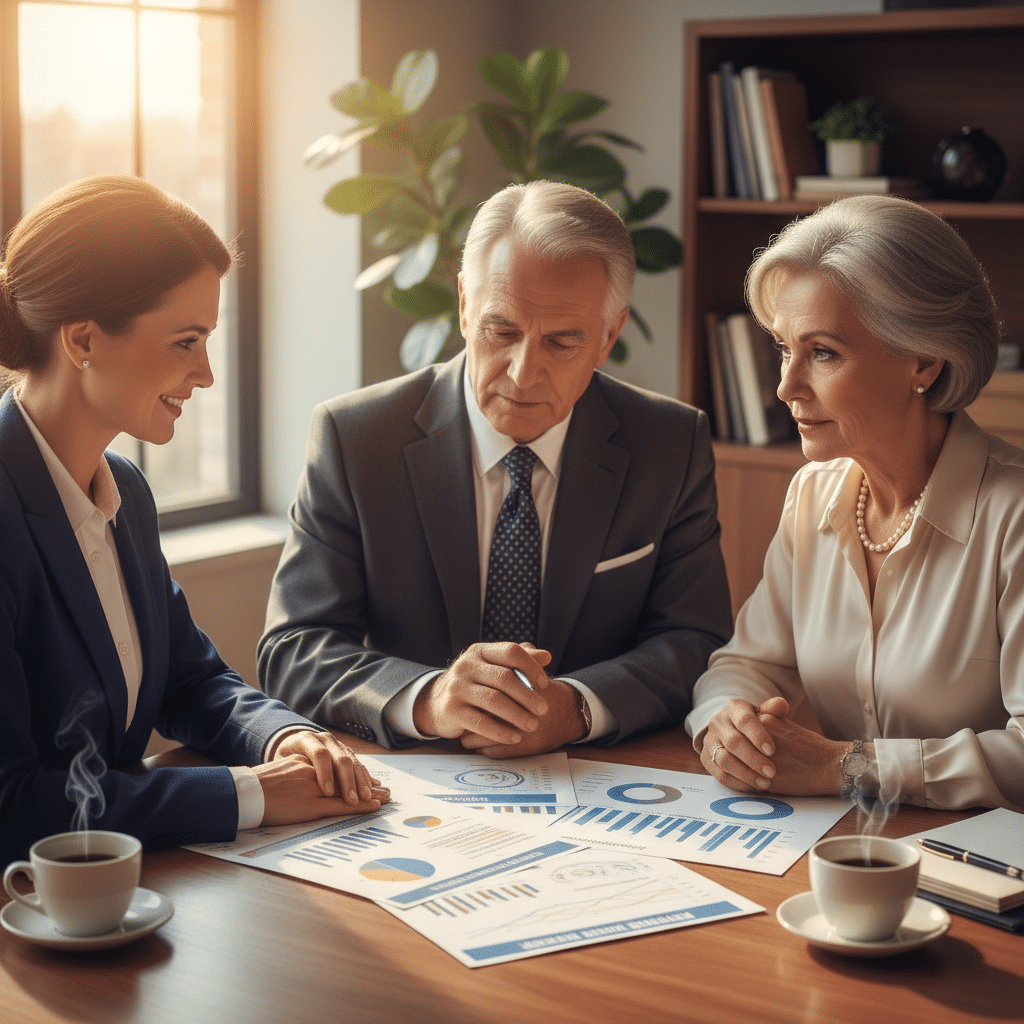 a financial advisor sitting across a conference table from a well-dressed retired couple reviewing a multi-page retirement income plan with charts and graphs — safe withdrawal rates