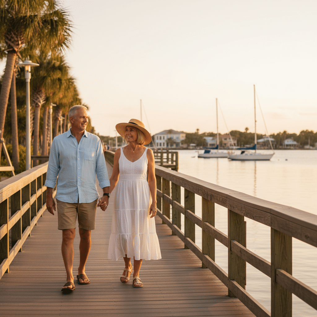 a serene waterfront scene in Stuart Florida with a retired couple walking along the boardwalk symbolizing a confident and secure retirement lifestyle — safe withdrawal rates